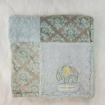Blankets &amp; Beyond Baby Blanket Elephant Patchwork Blue Taupe Scrolls B76 - $26.99