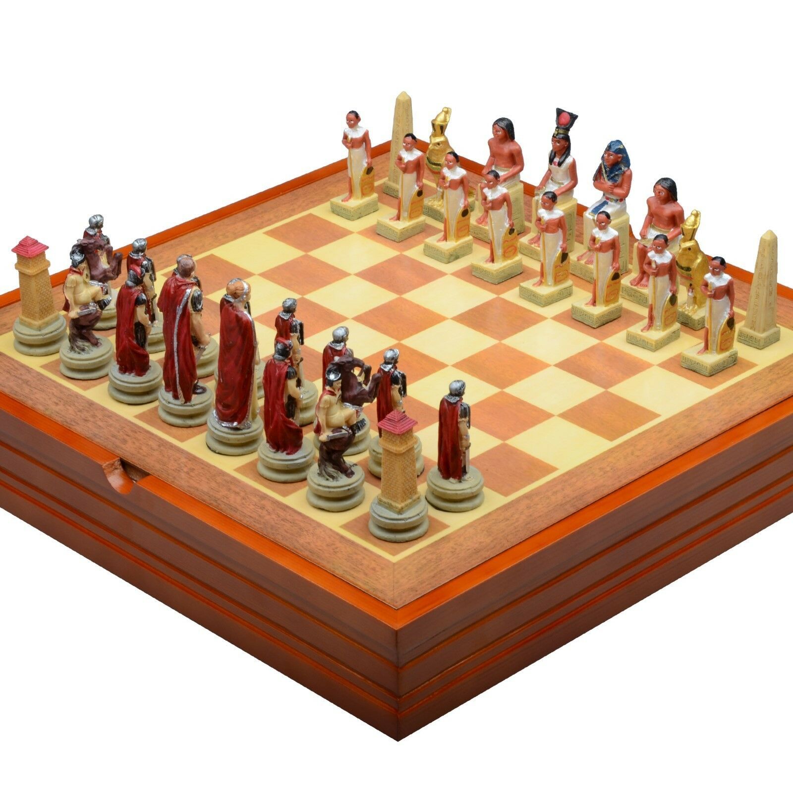 Ancient empires themed Chess Set. Resin Pieces Wood Board & Box Rome