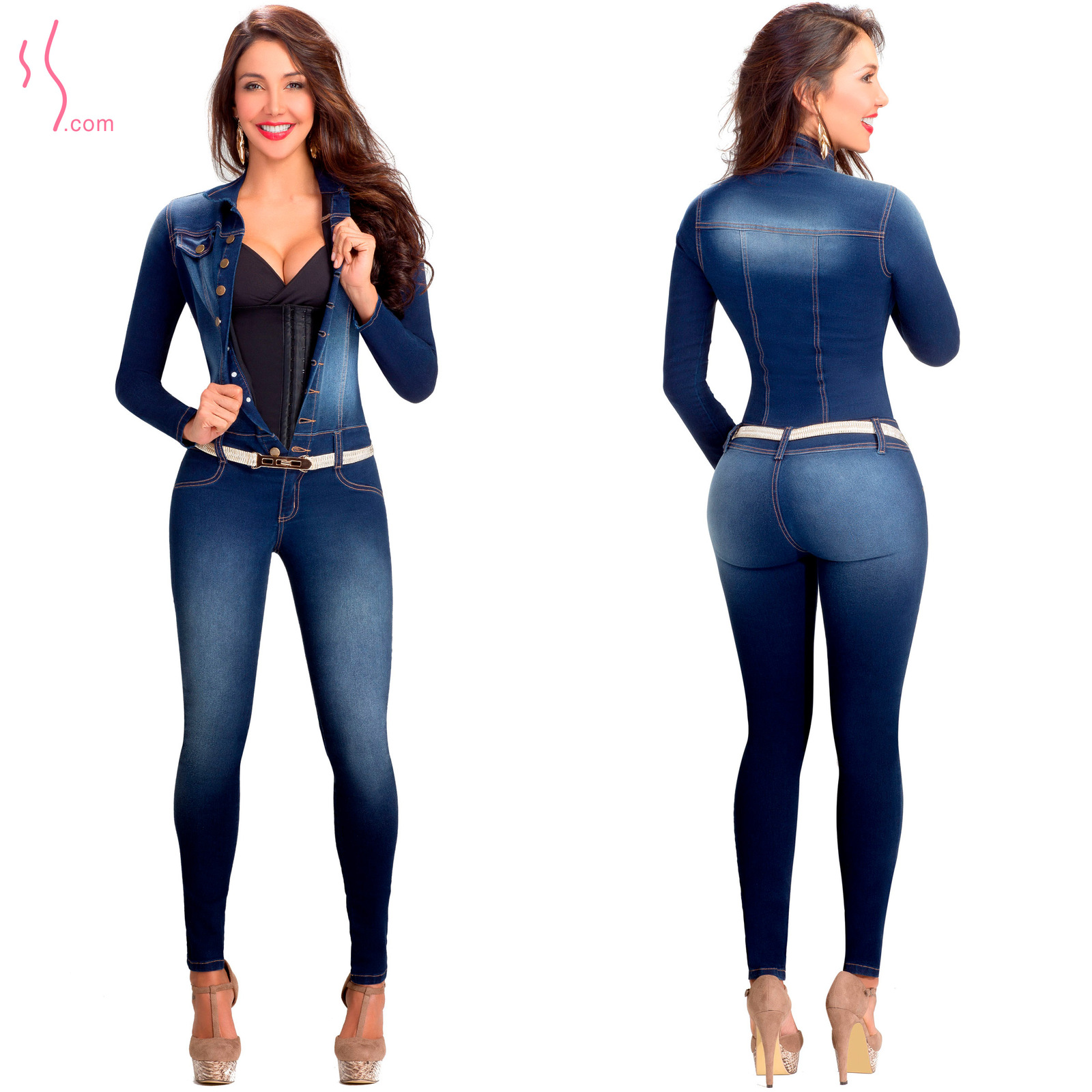 Image of Enterizo Manga Larga con Faja Interna Lowla  - Denim Compression Jumpsuit
