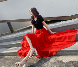 Red Full Long Chiffon Skirt Summer Beach Bridesmaid Chiffon Skirt Plus Size image 5