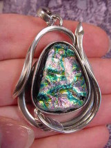 (#D-339-A) Dichroic Fused Glass Sterling Silver Pendant Pink Green Blue Shimmer - $84.14