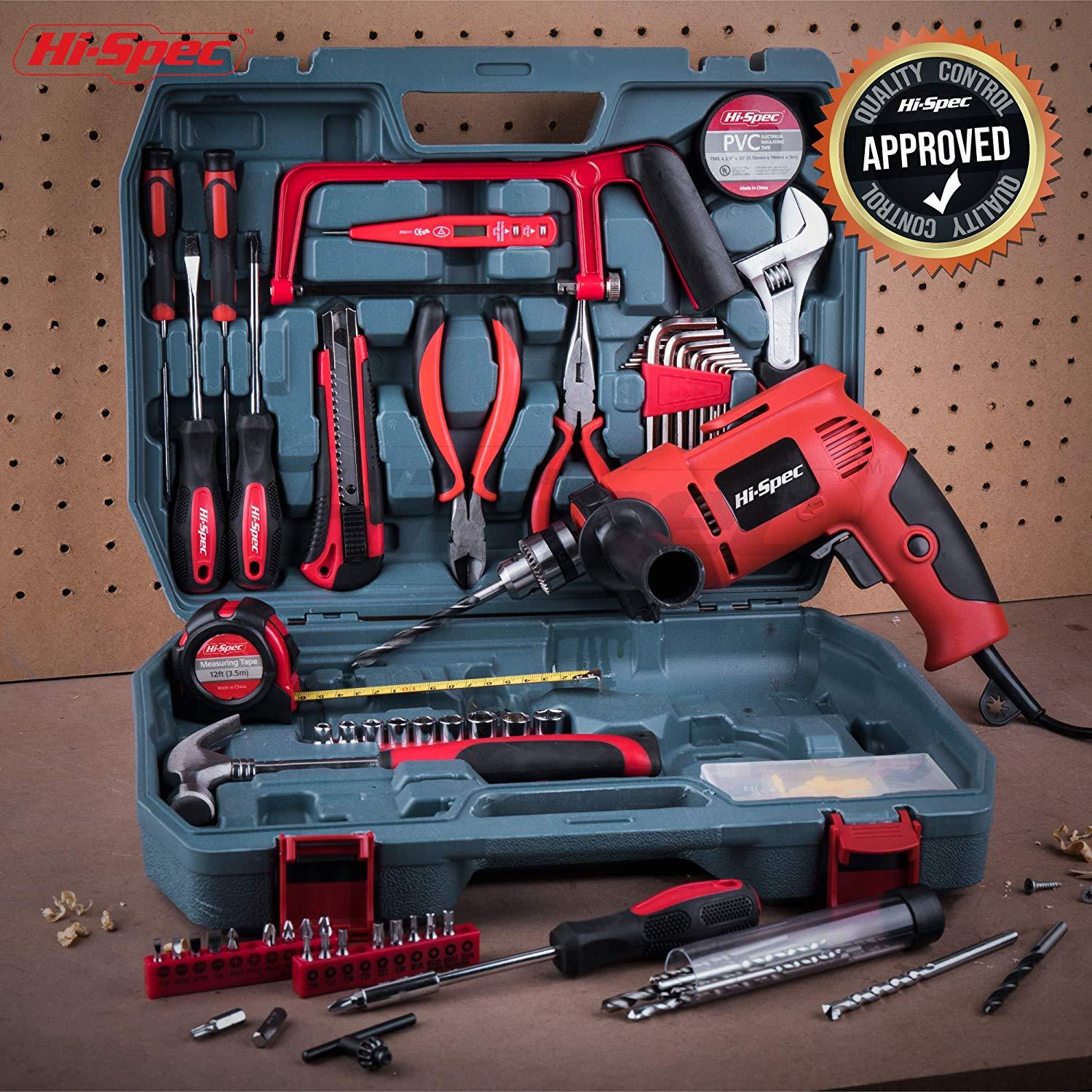 300W Corded Power Drill & 130pc Hand Tool Set Combo Kit Compact Design