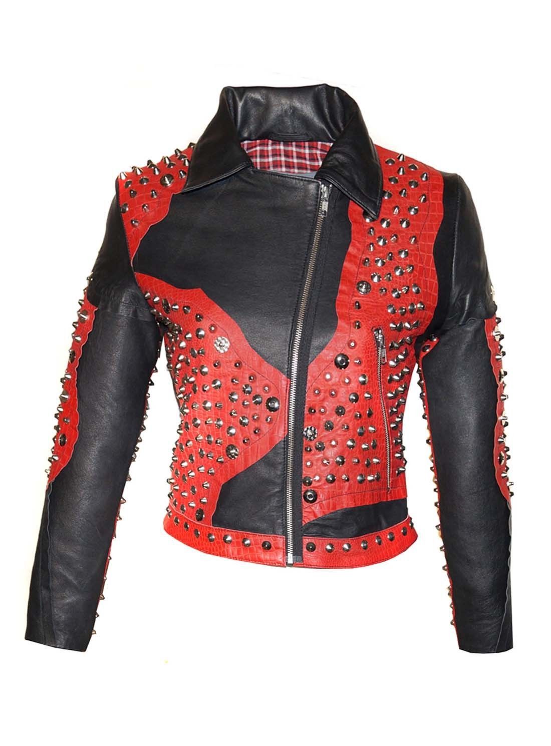 Women's Two Tone Red Black Cont Genuine Leather Silver Studded Handmade Jacket