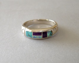 Turquoise Inlay Sterling Silver Band Ring Handcrafted Native American Un... - $225.00