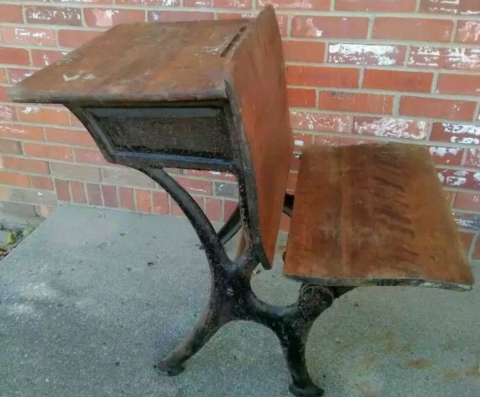 Vintage Wood & Wrought Iron School Desk Ink Well, 2 Stamped Metal leg