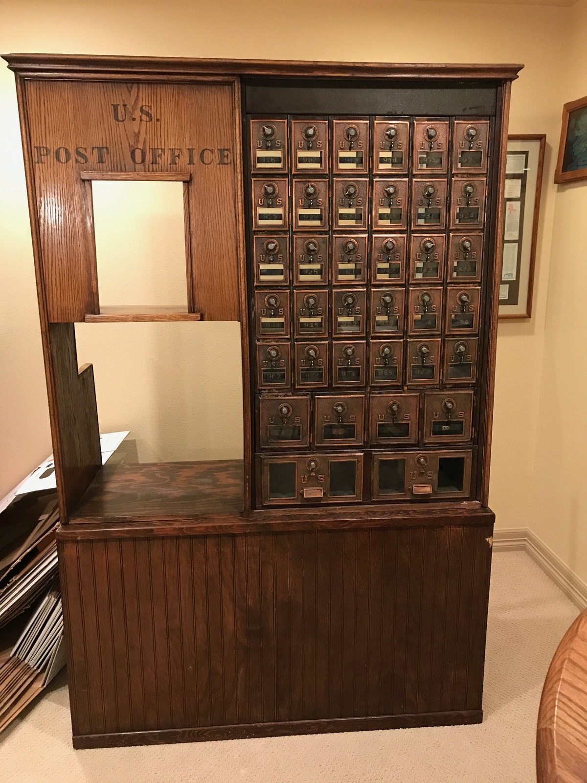 Vintage U.S. Post Office Service Counter with 36 PO Boxes with