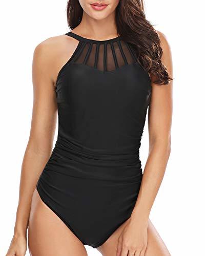 Holipick Women One Piece High Neck Mesh Bathing Suits Ruched Tummy ...