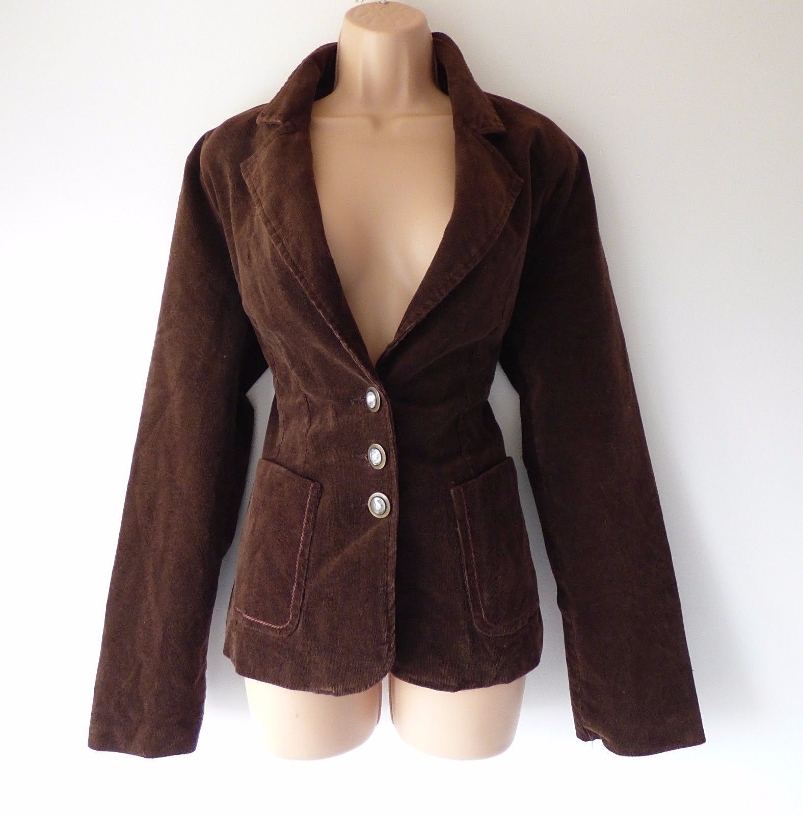 Women's Vintage Hip Length Fitted Stretch Brown Needle Corduroy Blazer