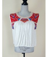 FREE PEOPLE Womens Sz Medium White Red Emboidered Neckline BOHO Crop Top - $18.80