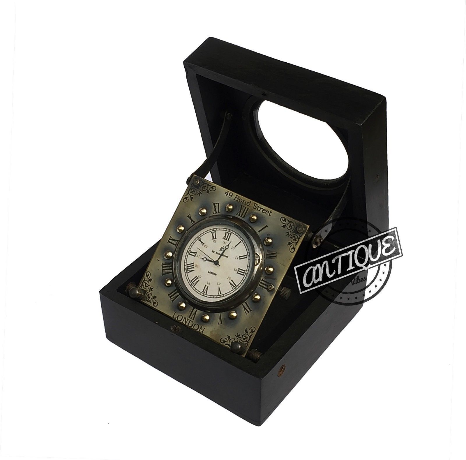 RETRO STYLE WOODEN BOX CLOCK WITH COMPASS SMALL TABLE TOP CLOCKS VINTAGE 