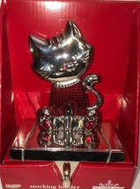 Christmas Stocking Holder Cat Polished Silver Color w RED-RARE VINTAGE-S... - $87.88