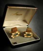 Anson Cuff Links Genuine Jade Gold Colored Stacked Bamboo with Mesh Wrap... - $19.99