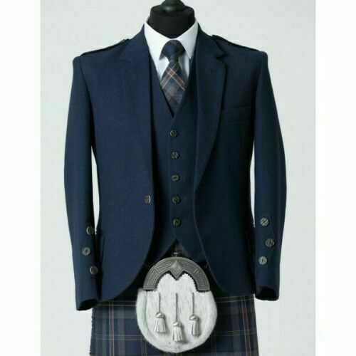New Scottish Men's Blue Tweed Scottish Kilt Jacket with Waistcoat for Men