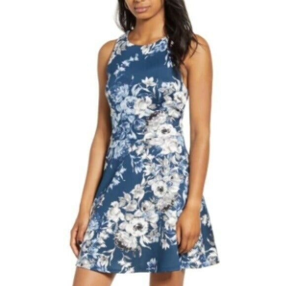 Speechless Blue Floral Print Open Back Fit Flare Dress NWT