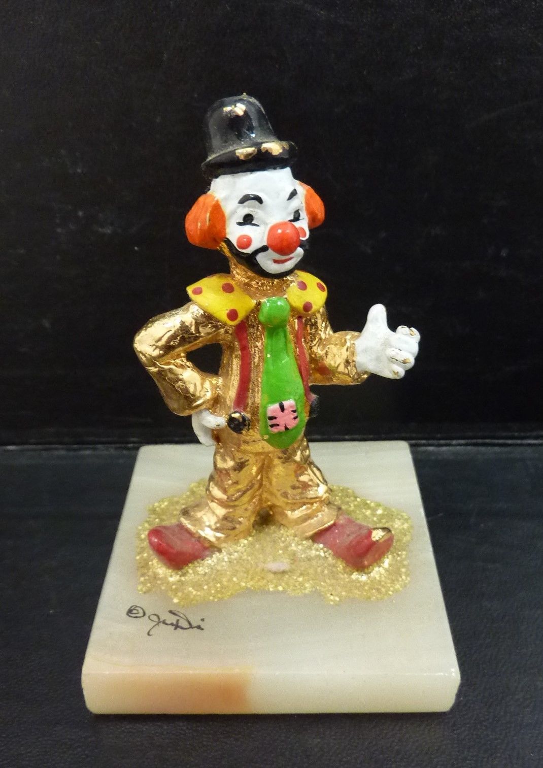 Painted Clown on Marble Base Signed by Judi and Two Pewter Clown ...