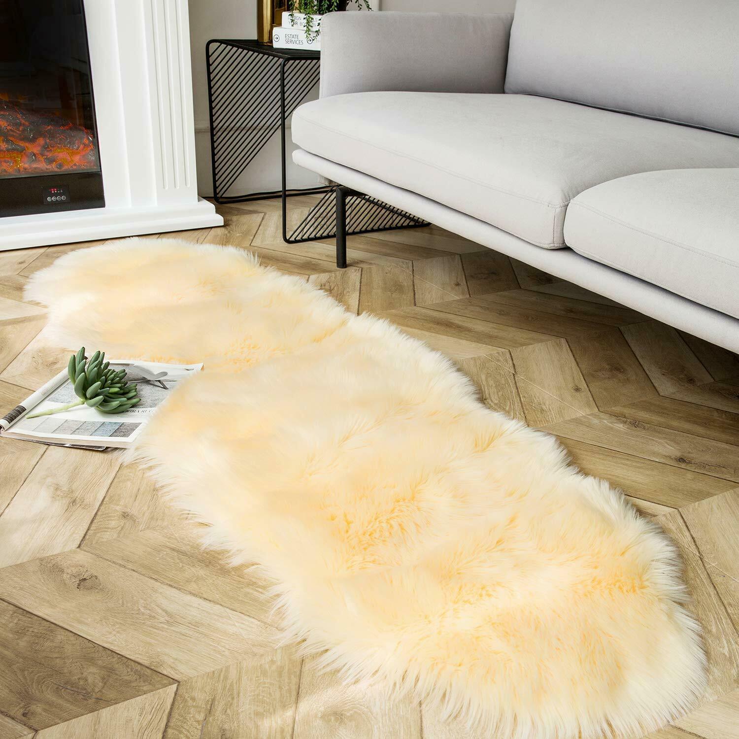 Fluffy Rug Faux Fur Luxury Shag Sheepskin 2 x 6 feet Yellow Carpet Home