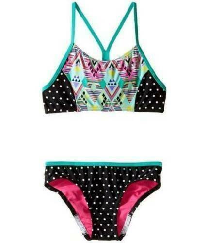 Girls Swimsuit Speedo Racerback Bikini 2 Pc Black Green Dot Bathing Suit $44- 8