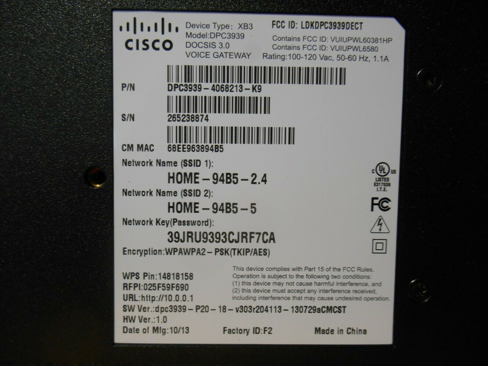 Cisco Xfinity DPC3939 Dual Band WIF 802.11AC XfinityXB3 Docsis 3.0