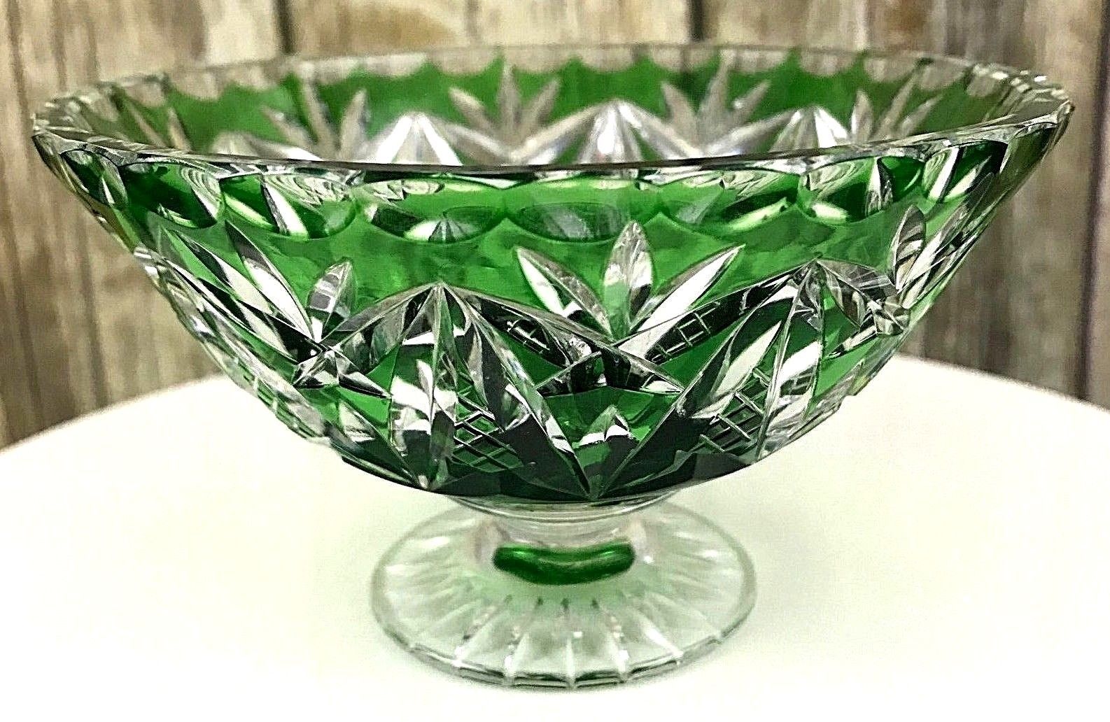 Antique Vintage Emerald Green Crystal Cut to Clear Pedestal Bowl