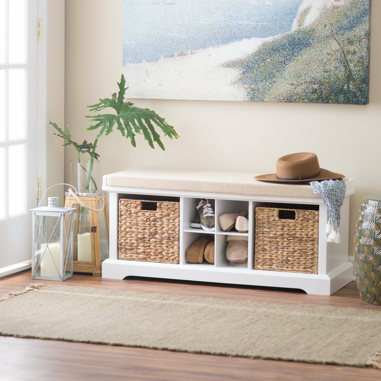 Classic White Shoe Storage Cubby Bench Entryway Seat With Baskets