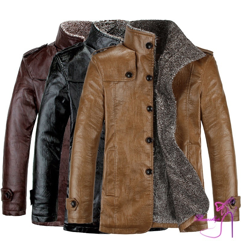 Fashion Mens Winter Jacket Leather Coat Fur Parka Fleece Jacket Trench Slim Coat