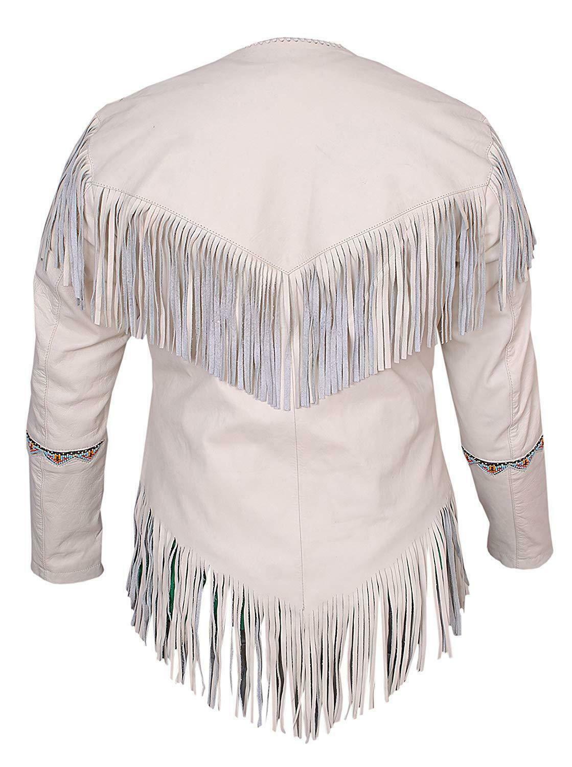 Womens White Color Western Fringed Style Beaded Patches Genuine Leather Jacket Coats Jackets 1630