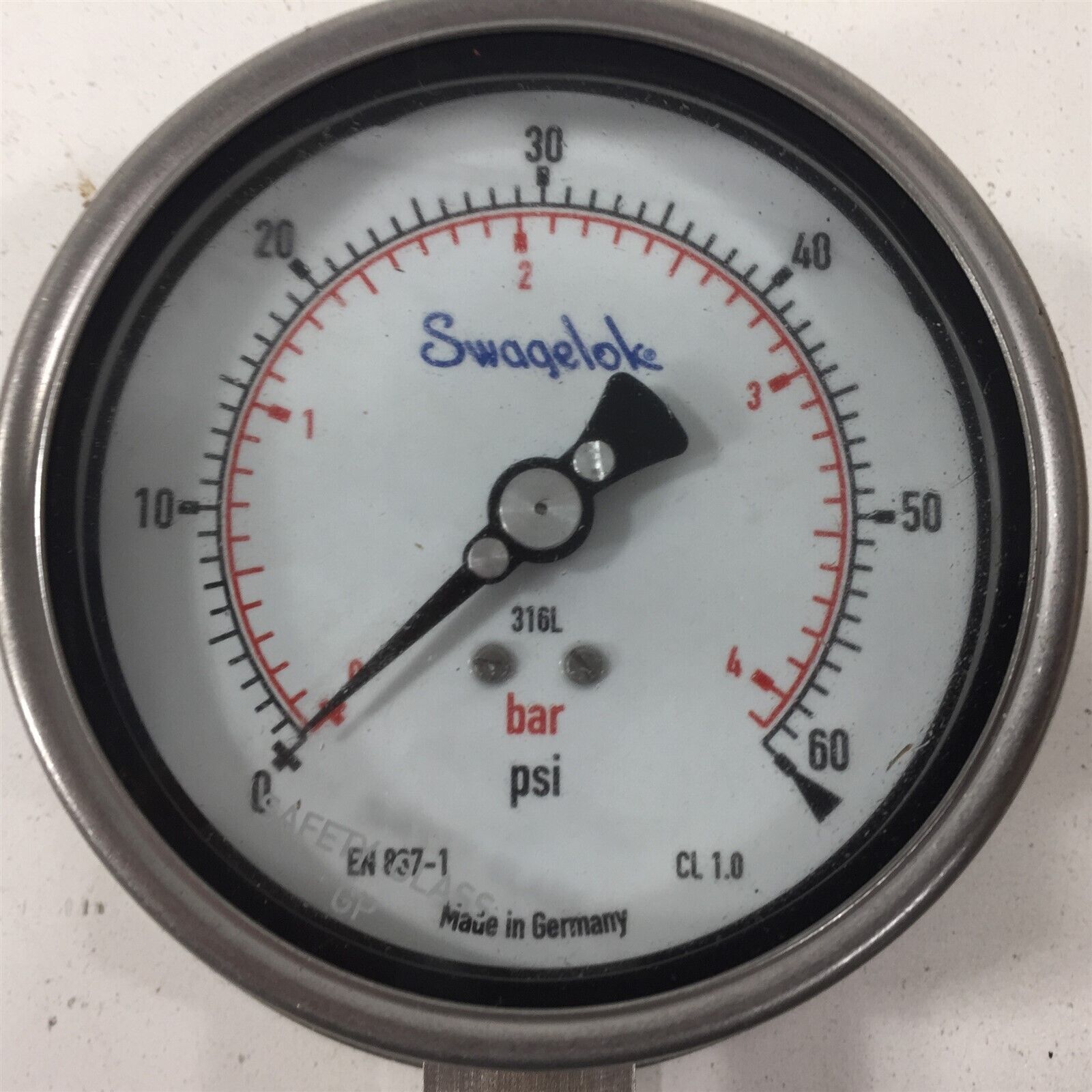 Swagelok Pressure Gauge 60PSI 1/2" LM 3.5" Liquid No Box Air Pressure