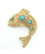 CROWN TRIFARI vintage fish pin - SCARCE goldtone faux turquoise coral koi brooch - $160.00