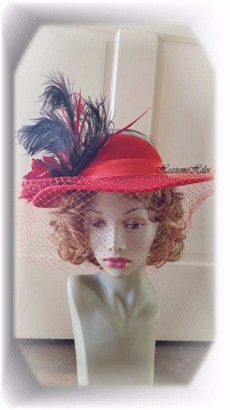 Red Hat Society Bonnet Edwardian Victorian Veil Rose Black Feathers Jewels Ooak