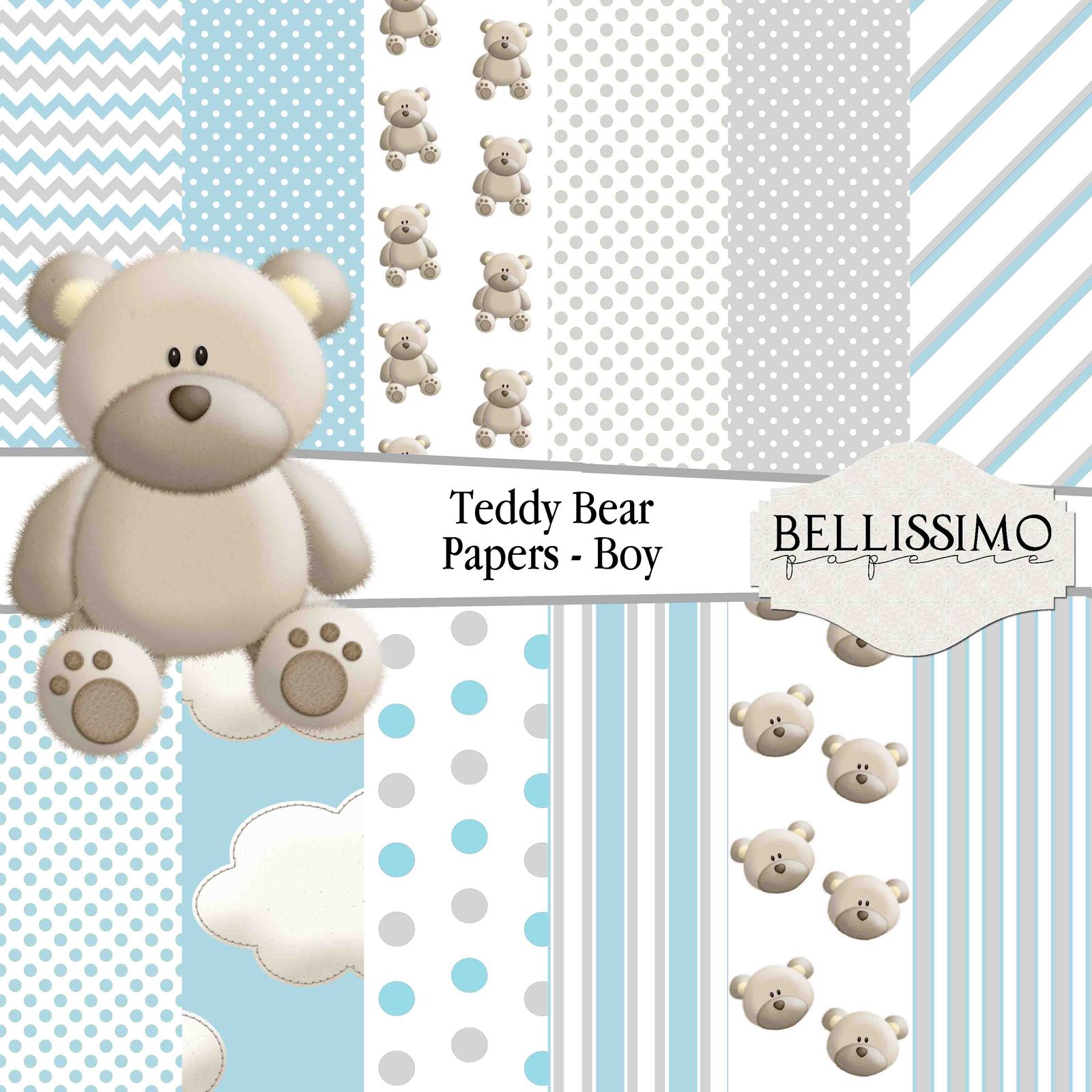 Blue Teddy Bear Digital Scrapbook Paper INSTANT DOWNLOAD 12x12 12