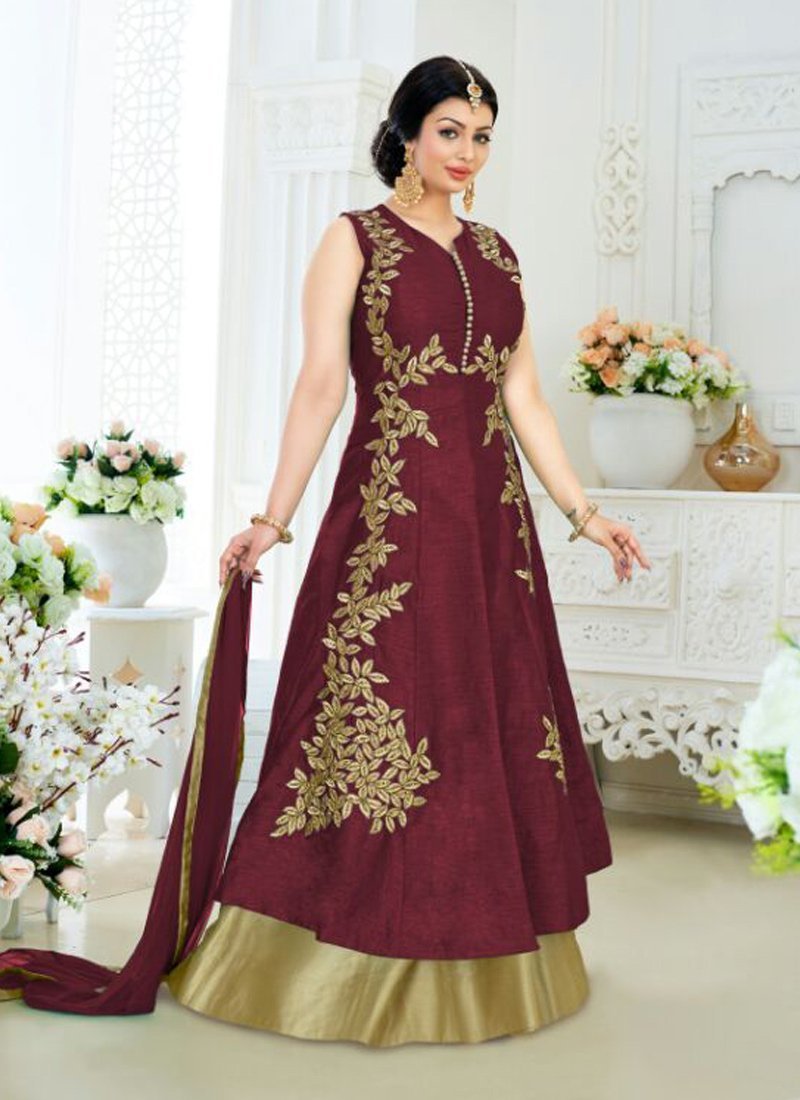 Maroon Art Silk Skirt Kameez - Women's Clothing