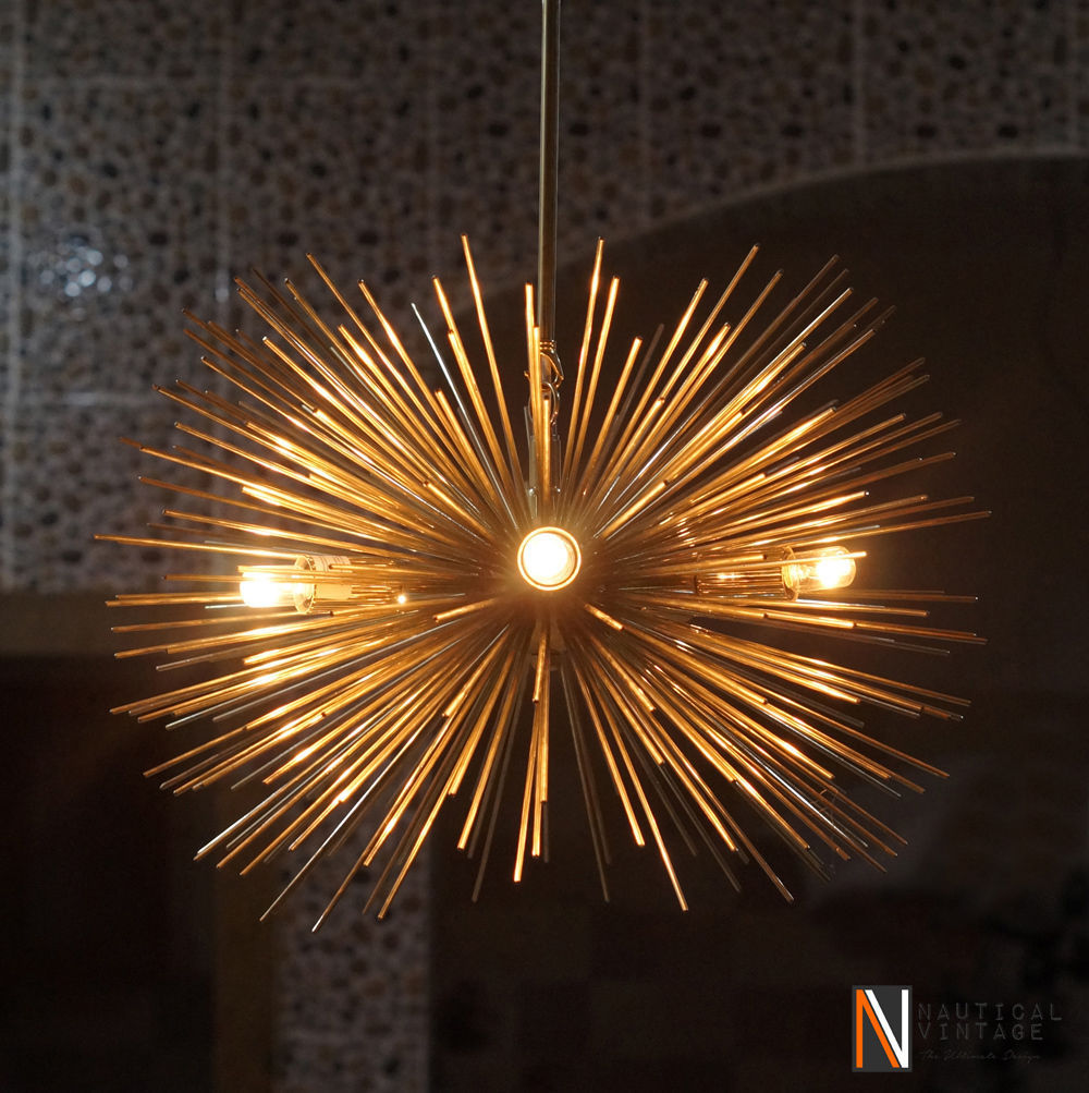 Mid century 5 Bulbs Gold Brass Sphere Urchin Chandelier Light Fixture