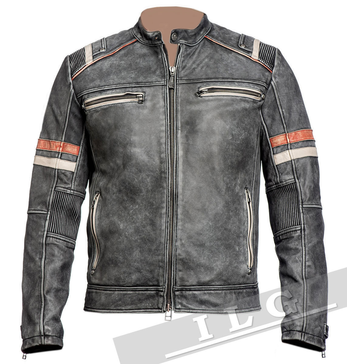 Men Vintage Biker Retro Motorcycle Cafe Racer Distressed Leather Jacket - FY
