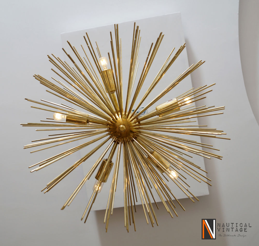 Mid century 5 Bulbs Gold Brass Sphere Urchin Chandelier Light Fixture