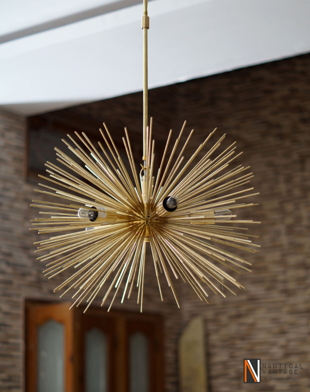 Mid century 5 Bulbs Gold Brass Sphere Urchin Chandelier Light Fixture