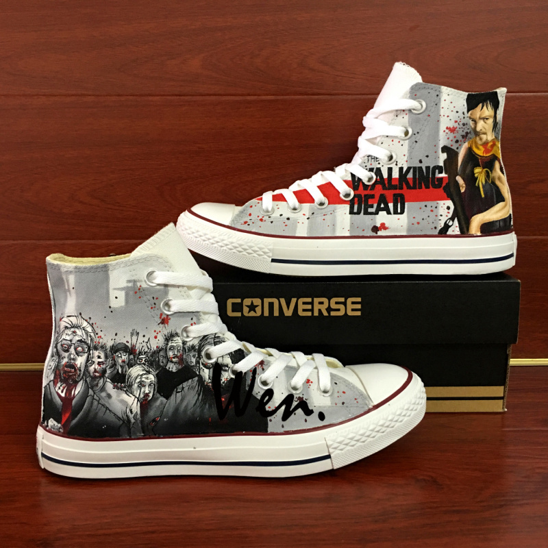 Gray Converse All Star High Top Canvas Sneakers Hand Painted Shoes Walking Dead