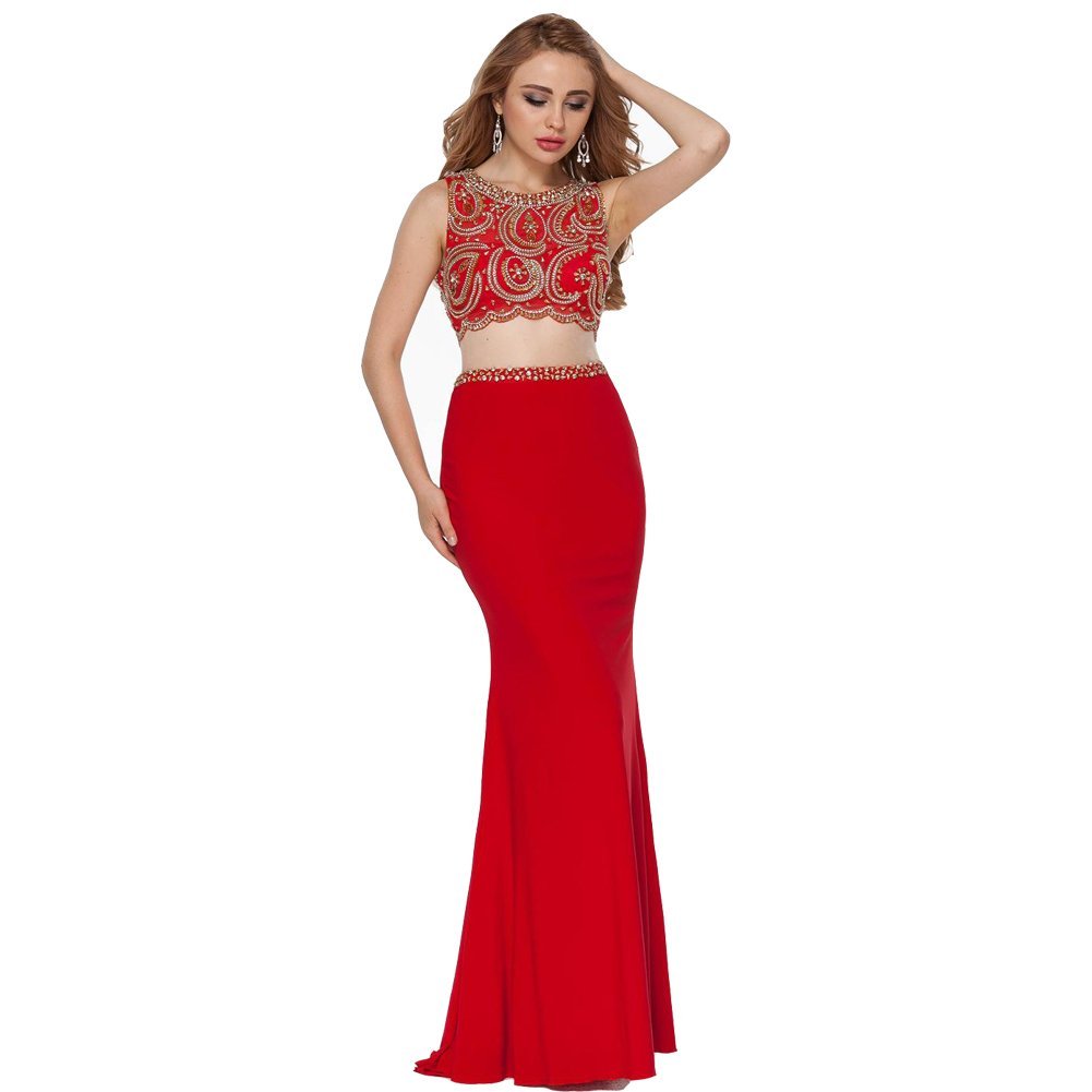 Lemai Red Mermaid Beaded Two Pieces Women Formal Backless Prom Evening Dresse...