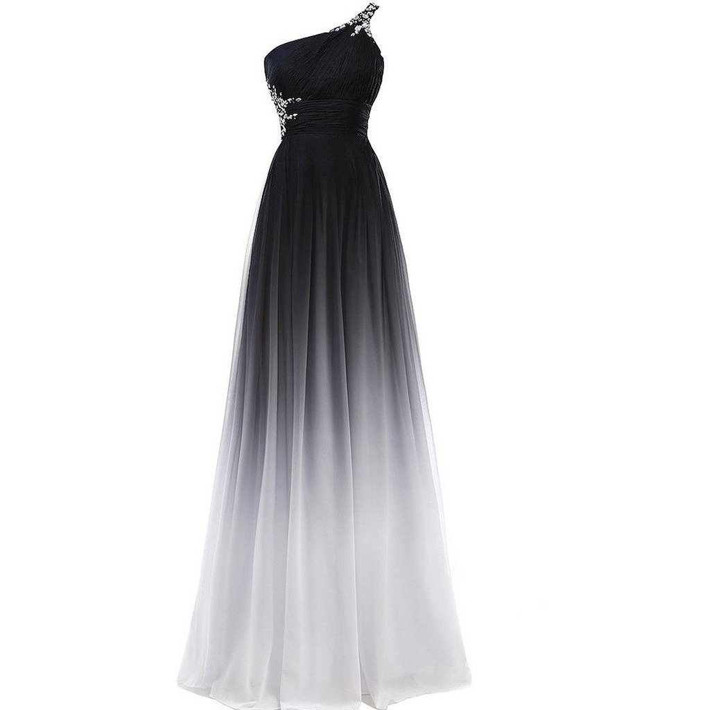 Image of Beaded One Shoulder Gradient Chiffon Prom Evening Dresses Long Black White Pl...