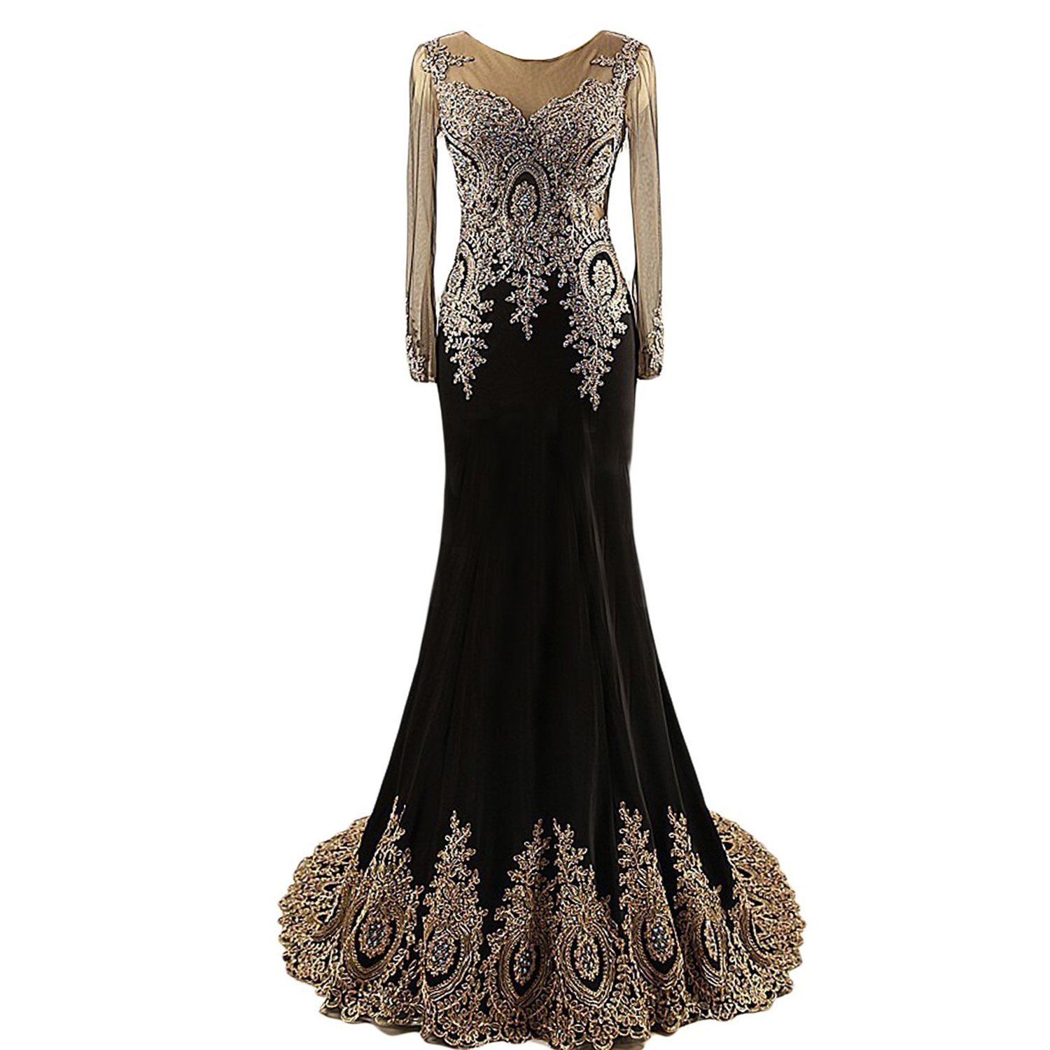 Image of Lemai Black Jersey Mermaid Gold Lace Rhinestones Prom Evening Dresses Long Sl...