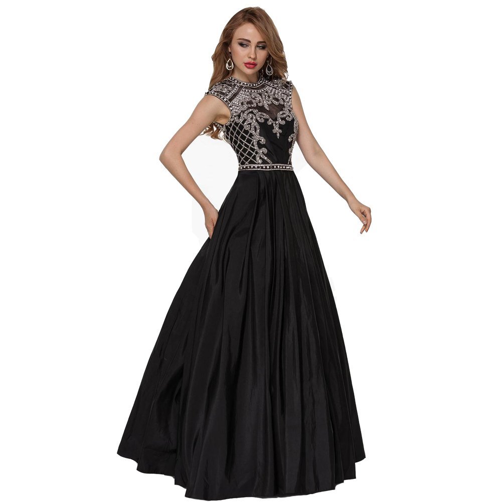 Lemai Black High Neck Beaded Crystals Long Backless Black A Line Prom Evening...