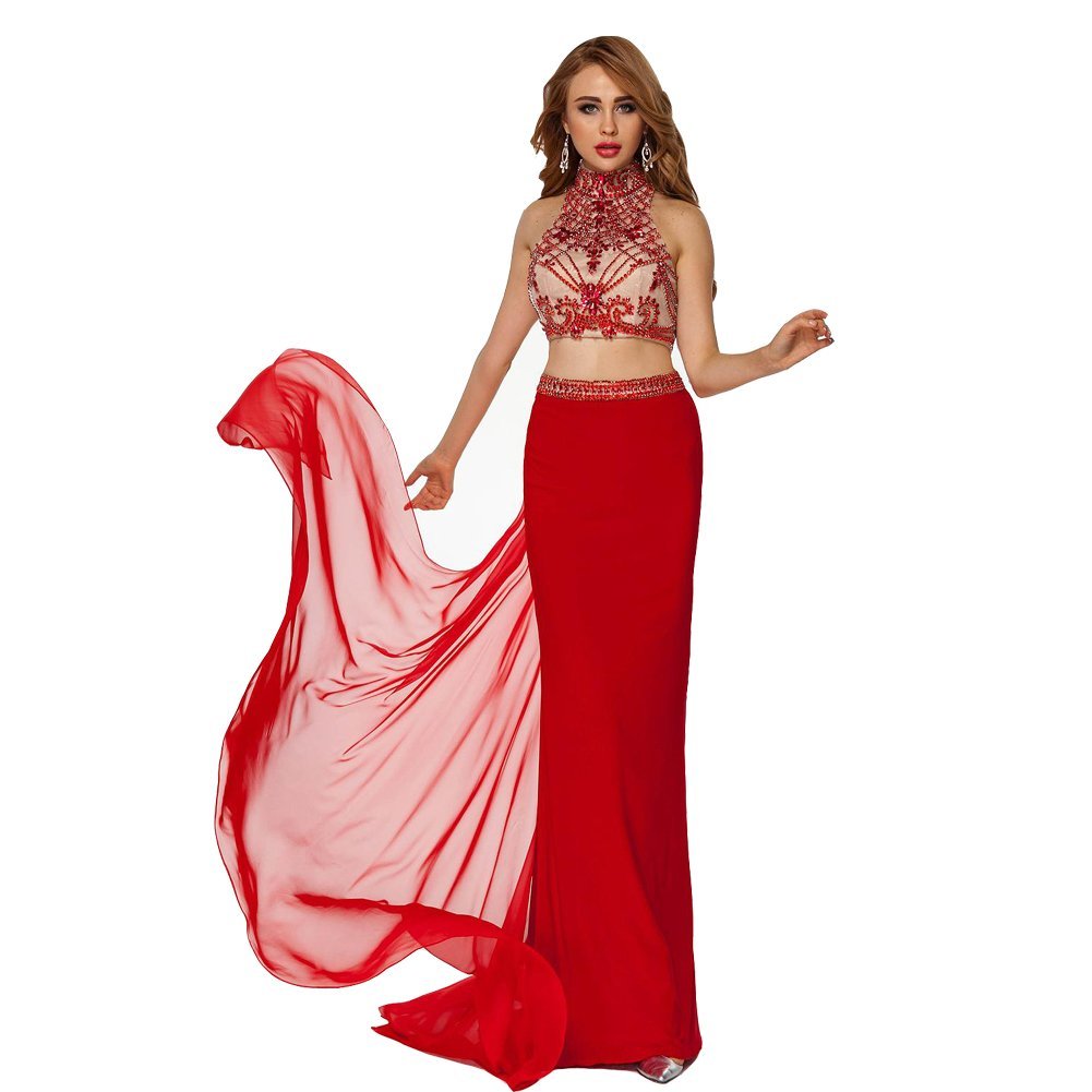 Lemai Red Two Pieces Beaded Halter Mermaid Backless Long Formal Evening Prom ...