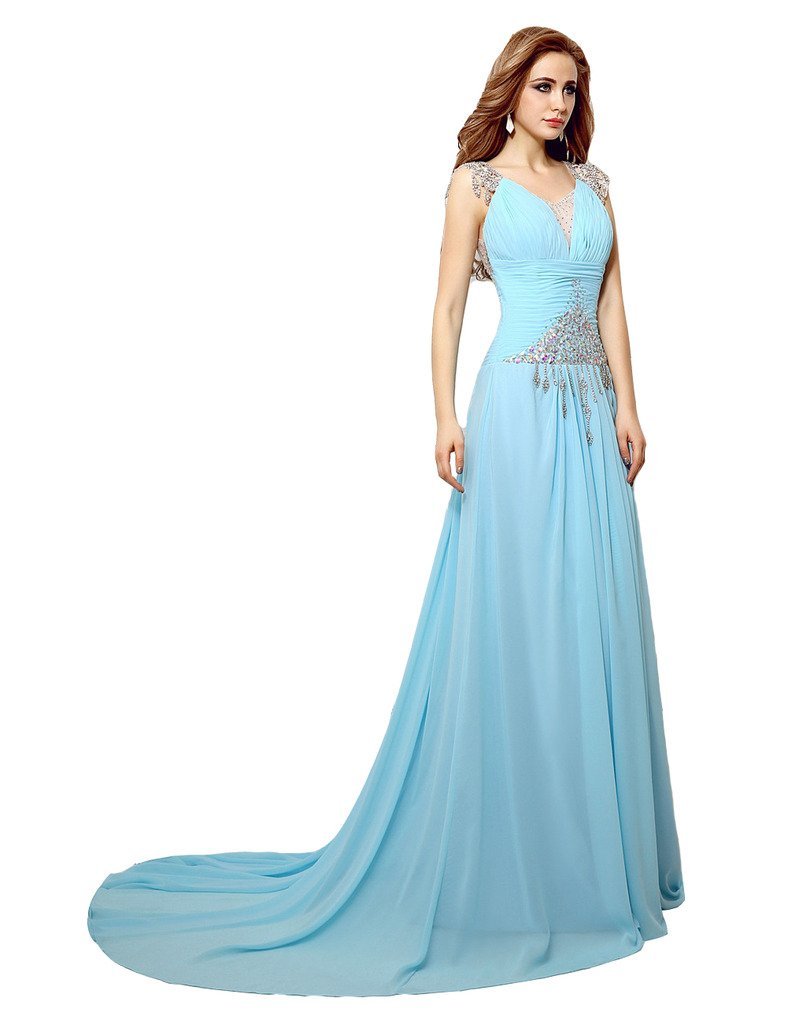 Lemai Women's Crystals Long Formal Evening Prom Dresses Sheer Back Baby Blue ...