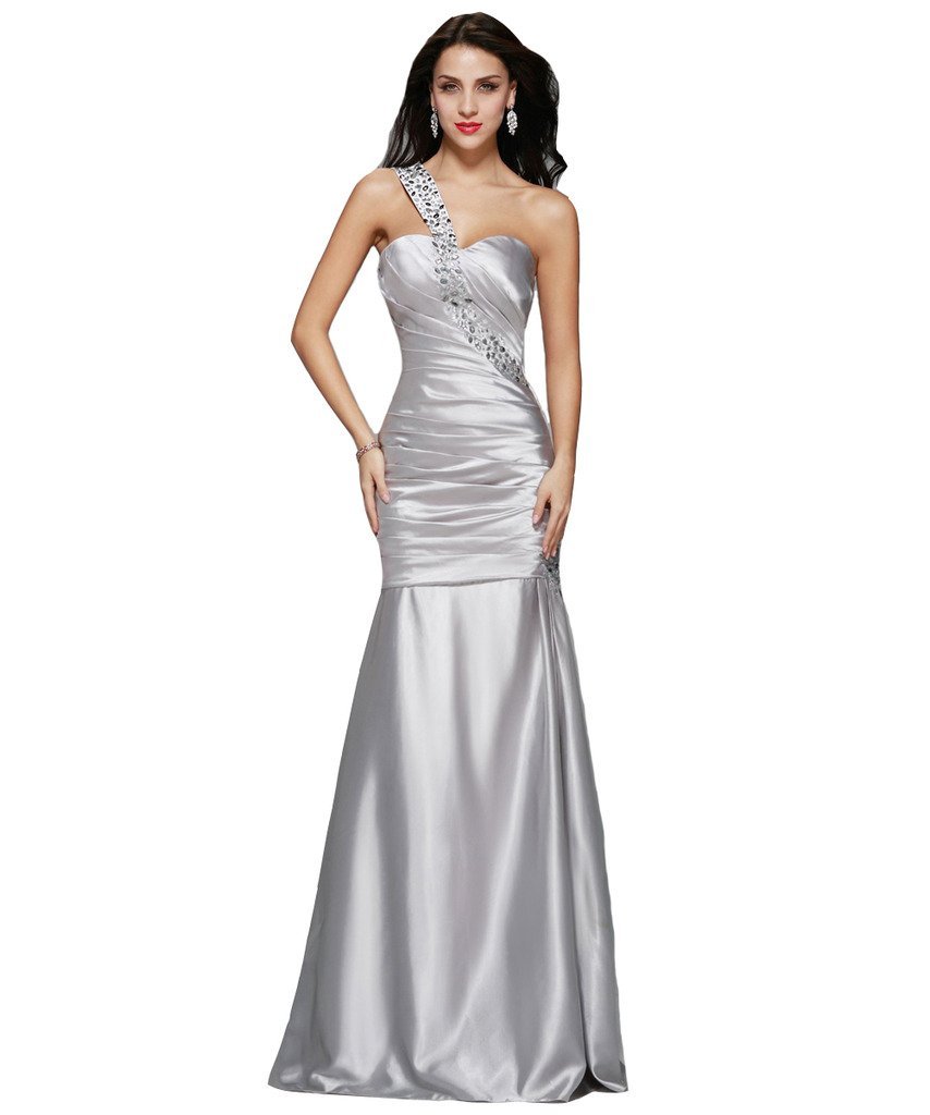 Lemai Women's One Shoulder Silver Mermaid Beaded Long Corset Prom Evening Dre...