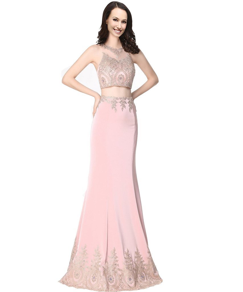 Lemai Mermaid Crystals Gold Lace 2 Pieces Mermaid Long Formal Prom Evening Dr...