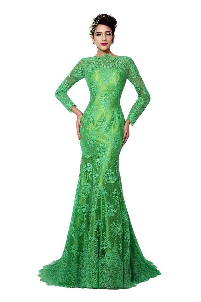 Lemai Women's Green Long Sleeves Sheer Lace Mermaid Mother of the Bride Dress...