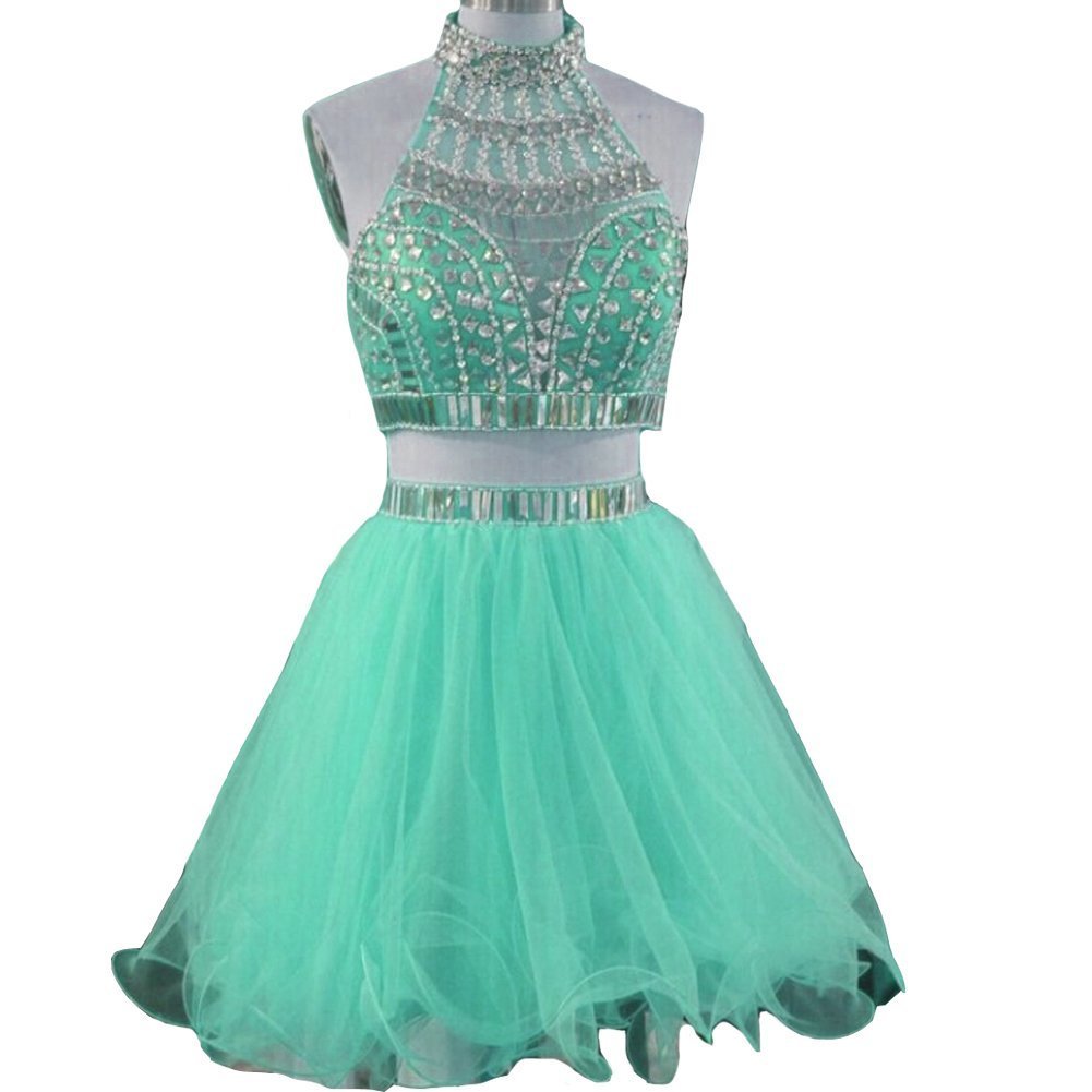 Lemai Crystals Beaded 2 Pieces Short Tulle A Line Backless Prom Homecoming Dr...
