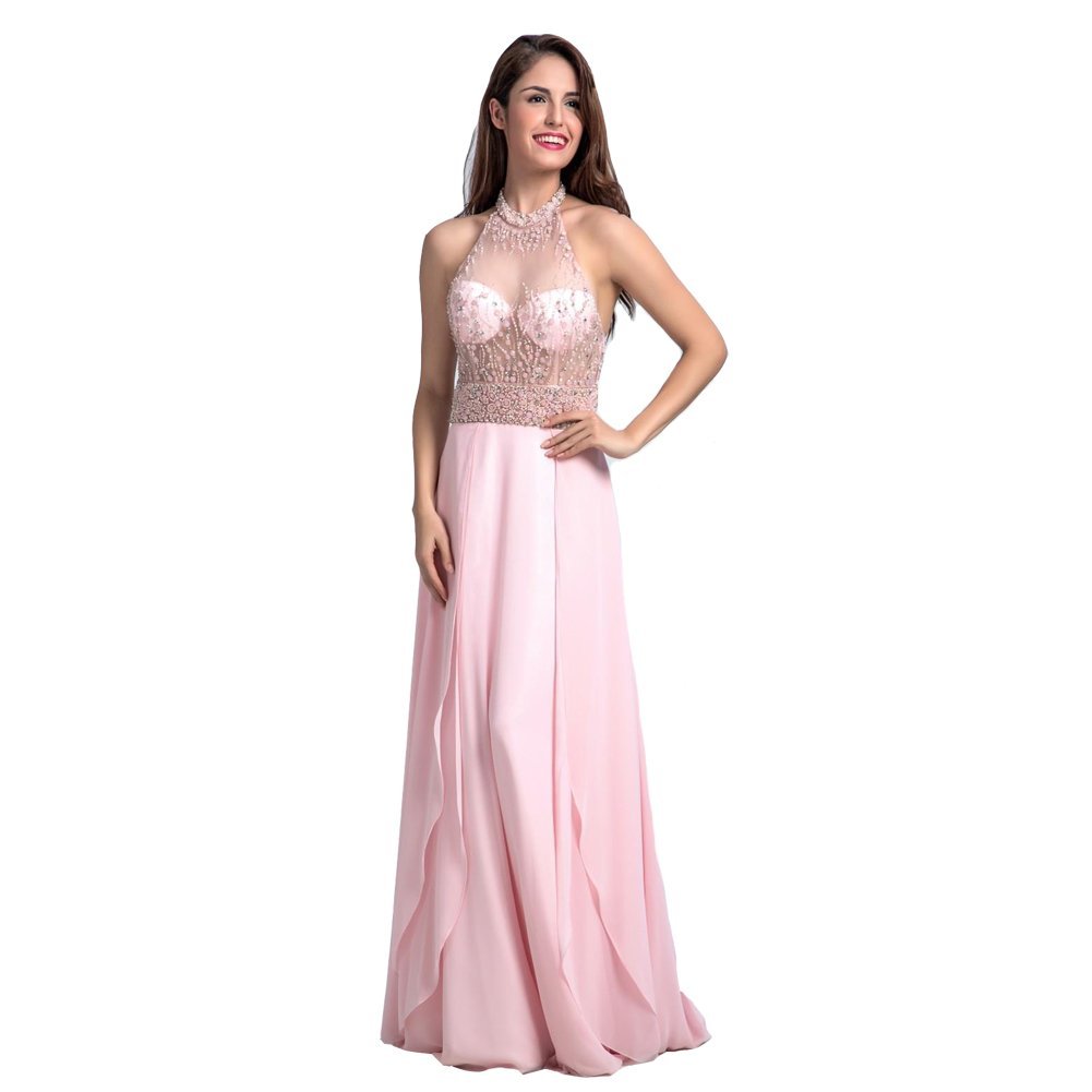 Lemai Women's Halter Pink Sheer Tulle Top Chiffon A Line Beaded Prom Evening ...