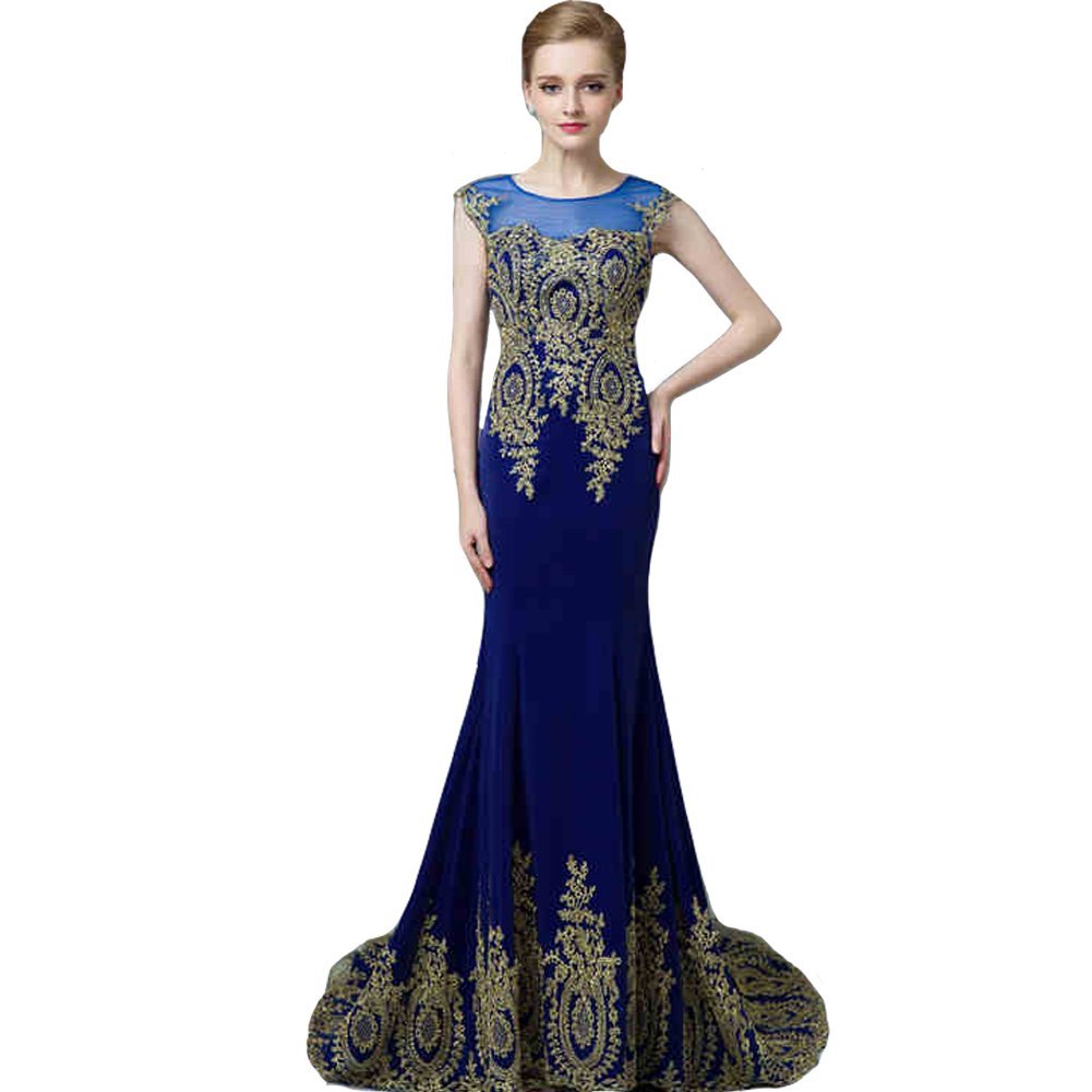 Lemai Royal Blue Mermaid Gold Lace Hem Formal Sheer Pageant Long Prom Evening...