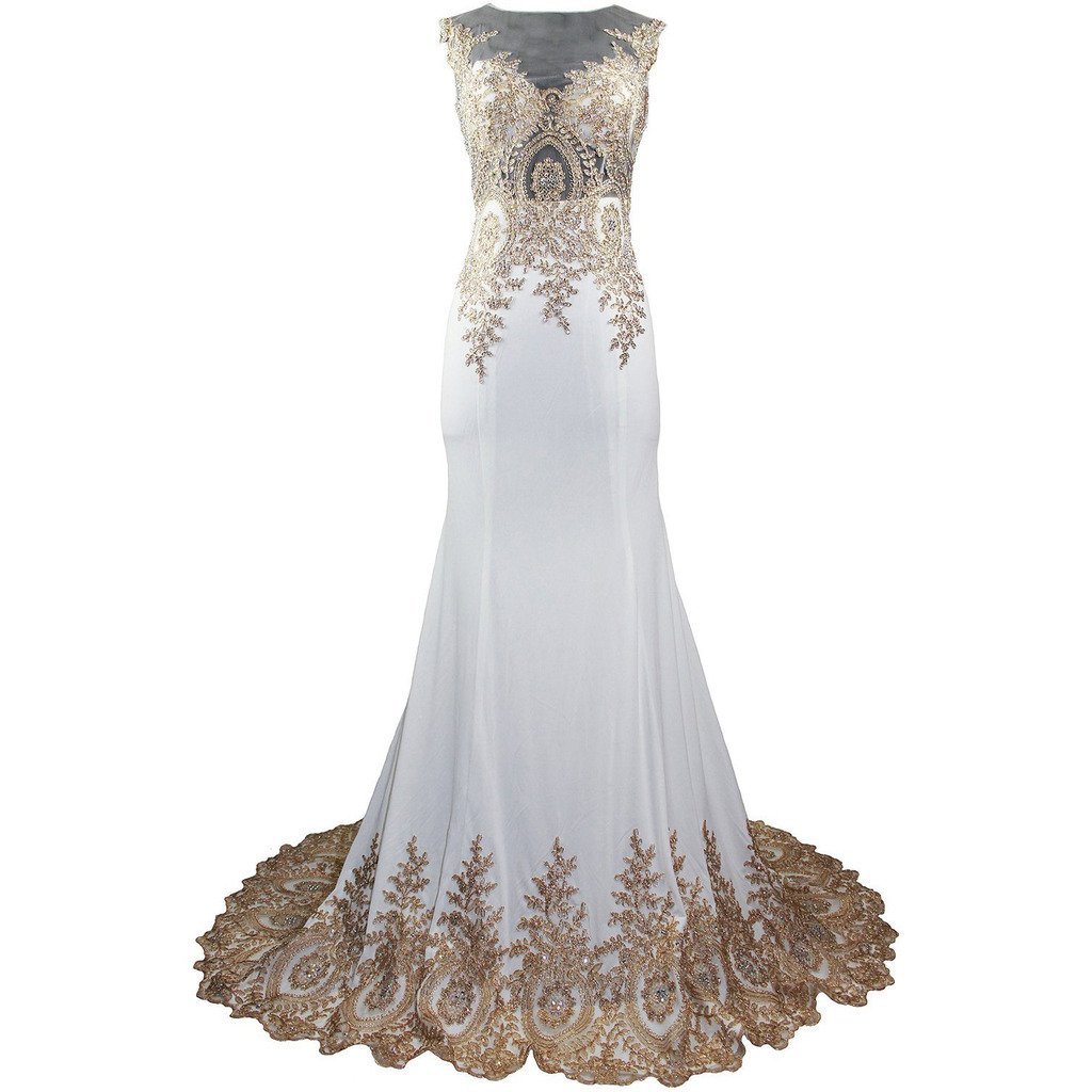 Lemai Spandex Jersey Mermaid Long Sheer Gold Crystals Lace Formal Prom Evenin... - $116.99