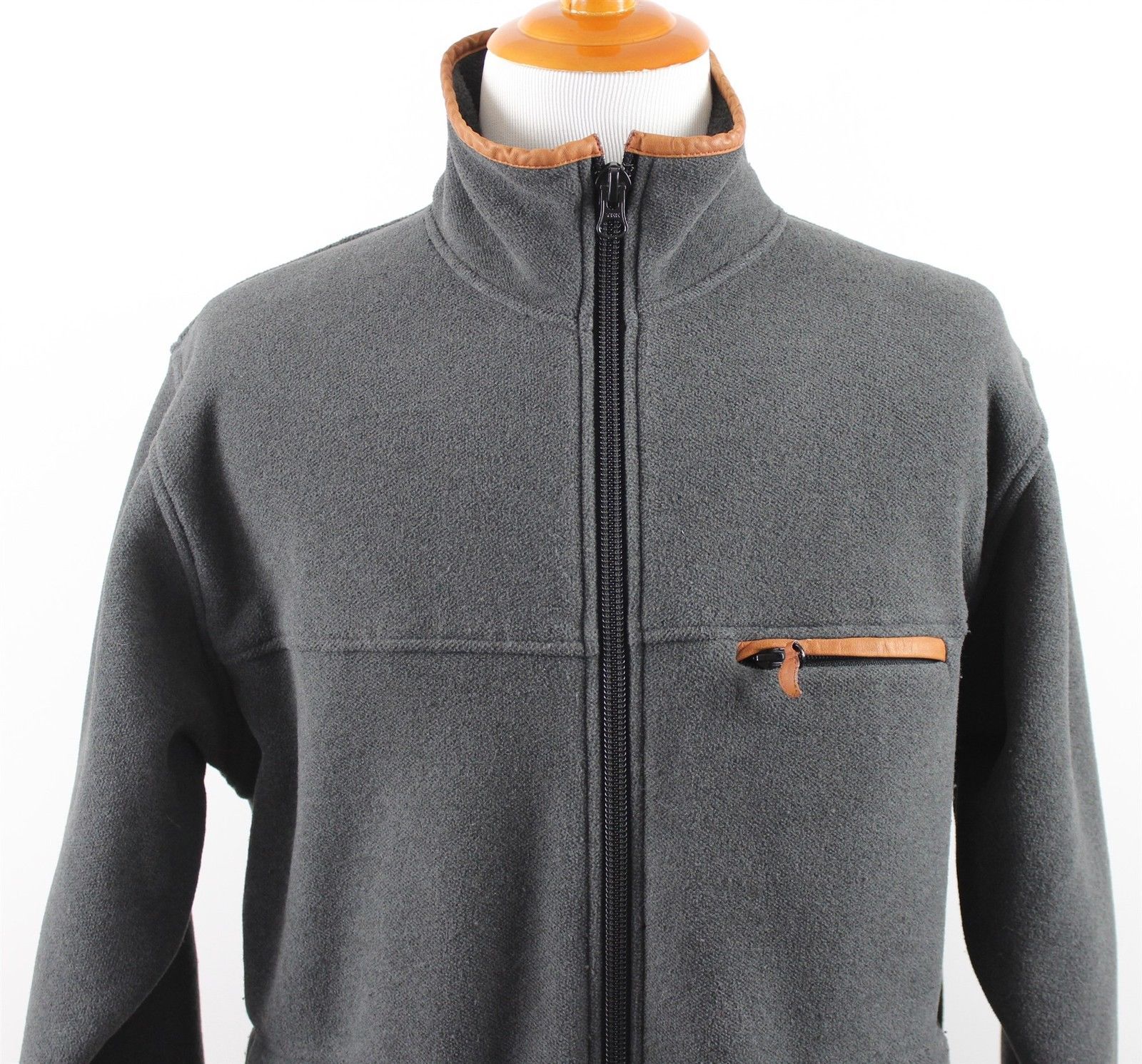 Orvis Full Zip Leather Trim Fleece Jacket MENS MEDIUM Gray Polyester ...